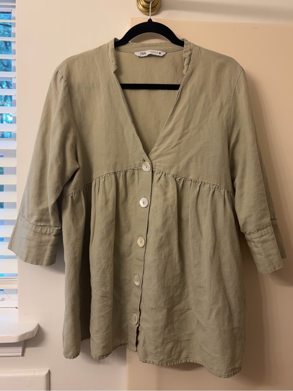 Zara Light Olive Button-Front Peplum Tunic